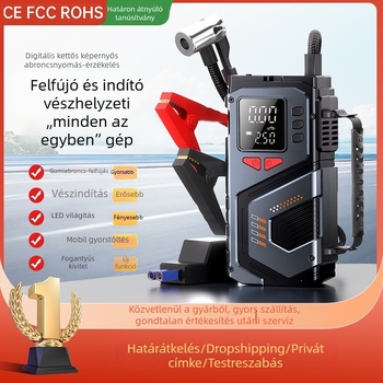 12V-os hordozható autóindítóval és vezeték nélküli légpumpával, digitális nyomásmérővel