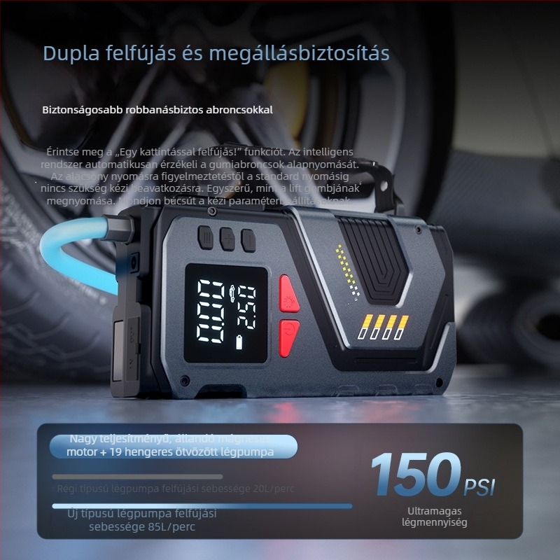 12V-os hordozható autóindítóval és vezeték nélküli légpumpával, digitális nyomásmérővel