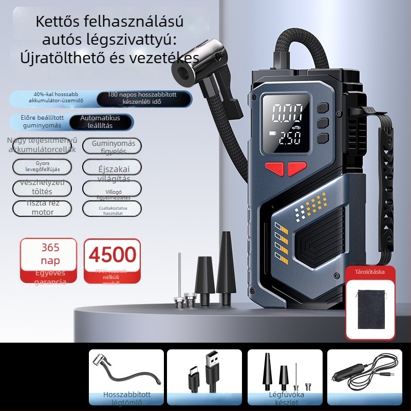 12V-os hordozható autóindítóval és vezeték nélküli légpumpával, digitális nyomásmérővel