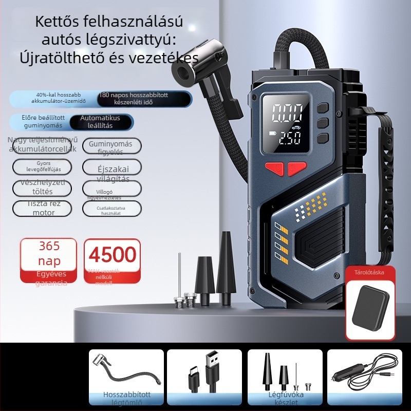 12V-os hordozható autóindítóval és vezeték nélküli légpumpával, digitális nyomásmérővel