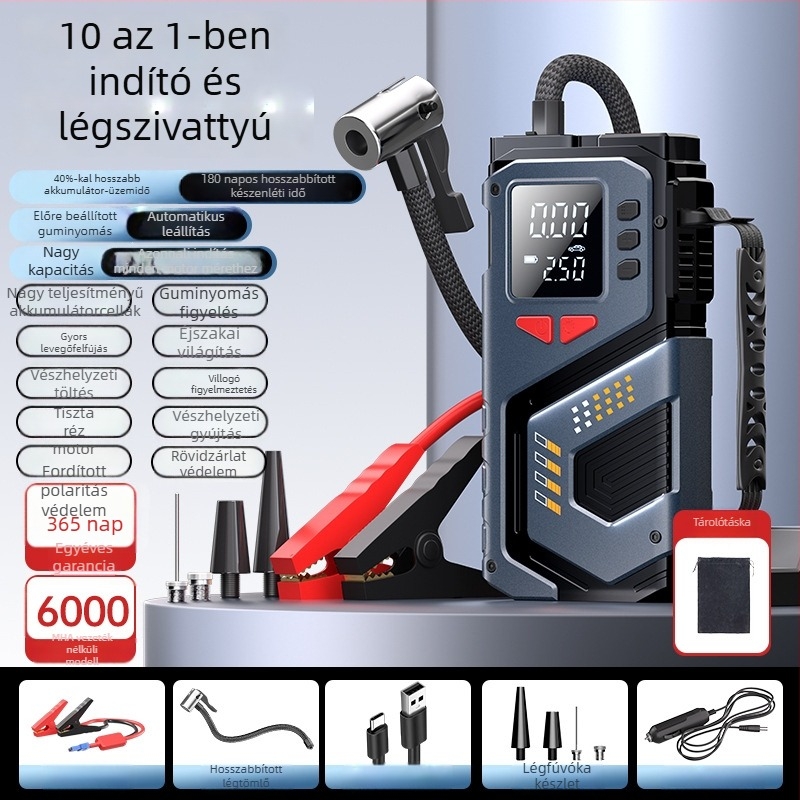 12V-os hordozható autóindítóval és vezeték nélküli légpumpával, digitális nyomásmérővel