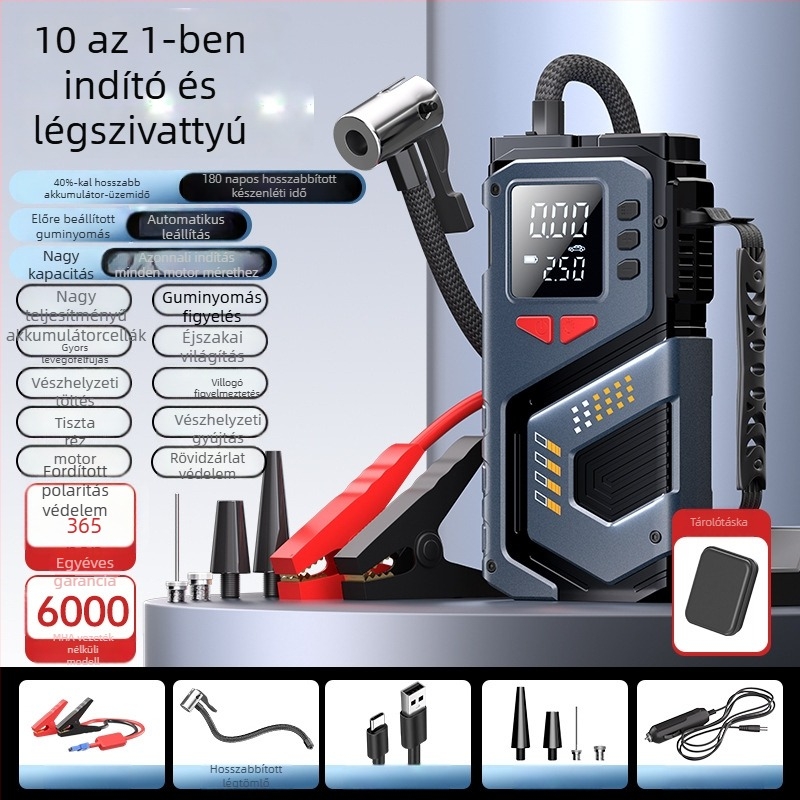 12V-os hordozható autóindítóval és vezeték nélküli légpumpával, digitális nyomásmérővel
