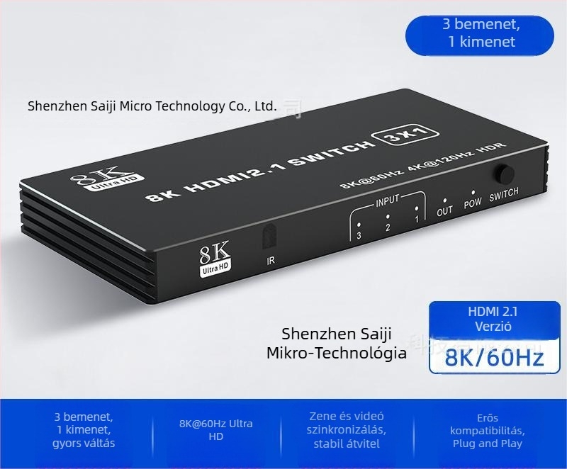 HDMI 3/4/5 bemenetek egy kimenetre kapcsoló, verzió 2.1, 8K/4K120 támogatás, modell 16X01, Seki Micro