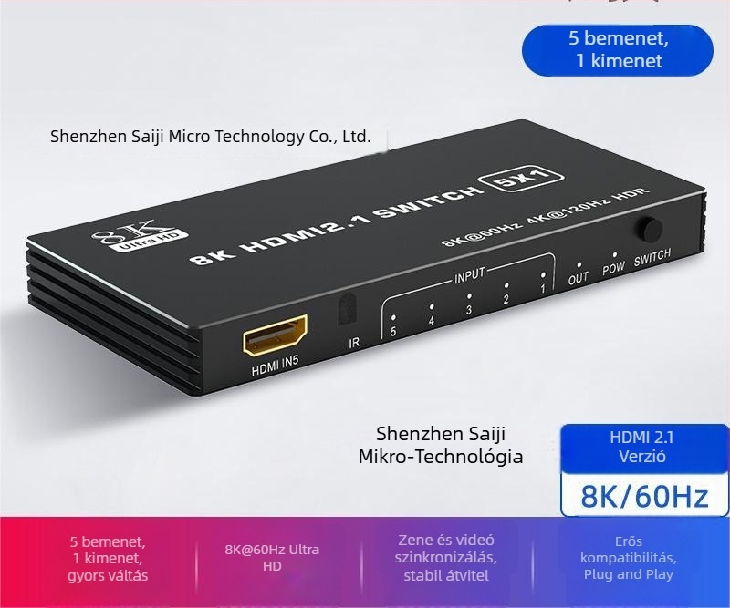 HDMI 3/4/5 bemenetek egy kimenetre kapcsoló, verzió 2.1, 8K/4K120 támogatás, modell 16X01, Seki Micro
