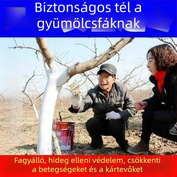Gyümölcsfák törzsének fehérítő szer lime porral a hideg elleni védelemhez, betegségek megelőzéséhez és kártevők elleni védelemhez