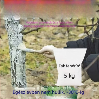 Gyümölcsfák törzsének fehérítő szer lime porral a hideg elleni védelemhez, betegségek megelőzéséhez és kártevők elleni védelemhez