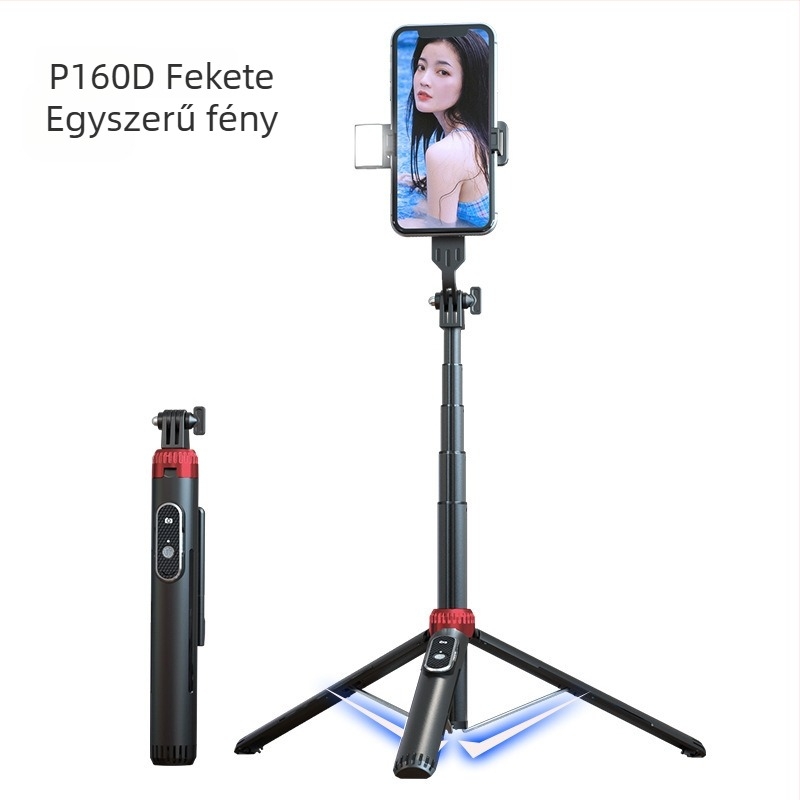 Telefonos élő közvetítéshez készült háromlábú állvány Bluetooth távirányítóval és világítással, modell P160, anyag alumínium ötvözet + ABS, licencelhető magáncímke, testreszabás elérhető