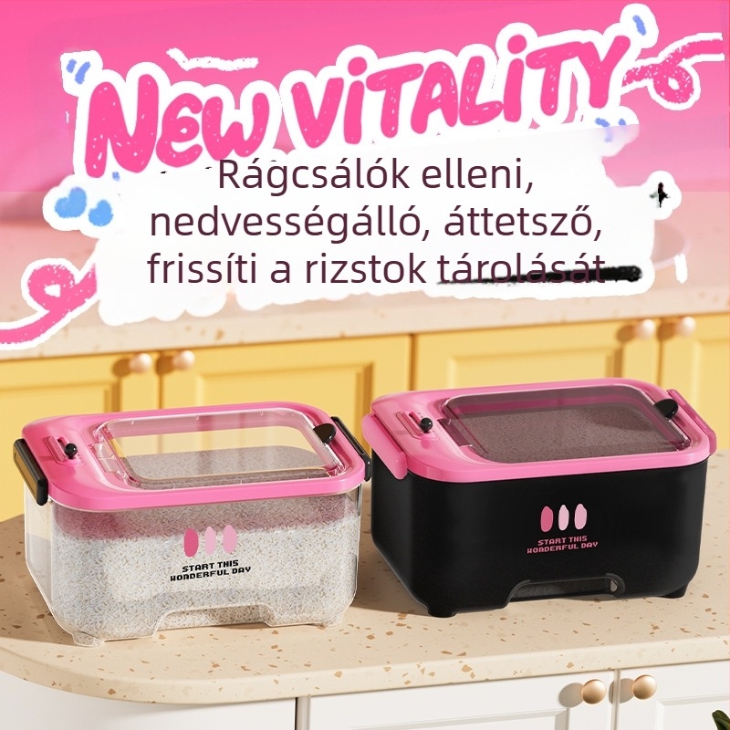 Rizstároló doboz zárható, nedvesség- és rovarálló funkcióval, dátumnyilvántartással; 10 L vagy nagyobb kapacitás; műanyag (PP)