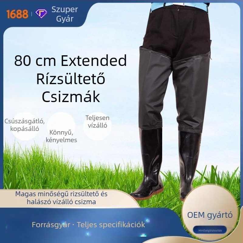 Uniszex rizstermelésre szolgáló csizma, térd feletti, PVC felső rész, PU talp, négy évszakos, injektált öntött talp