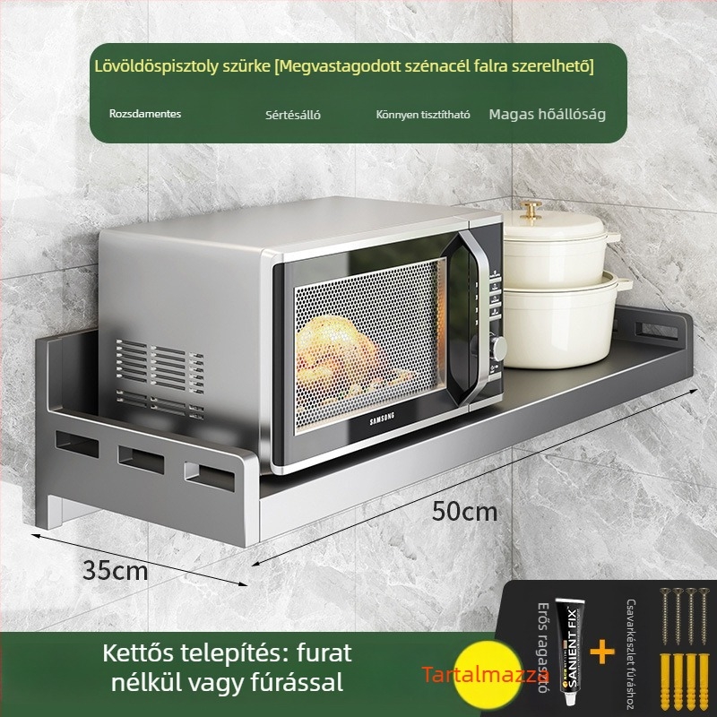 Fali mikrosütő-, rizsfőző- és sütő-állvány – szénacél, telepítés nélkül, többfunkciós konyhai szervező