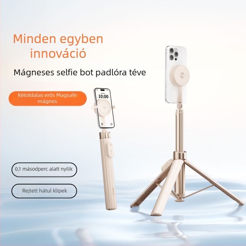 Selfie pálca alumínium ötvözetből, Bluetooth távirányító, rejtett telefon-tartó, dupla oldalas mágneses rögzítés, összecsukható padlóra álló tripod