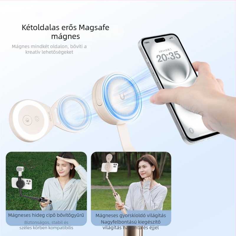 Selfie pálca alumínium ötvözetből, Bluetooth távirányító, rejtett telefon-tartó, dupla oldalas mágneses rögzítés, összecsukható padlóra álló tripod