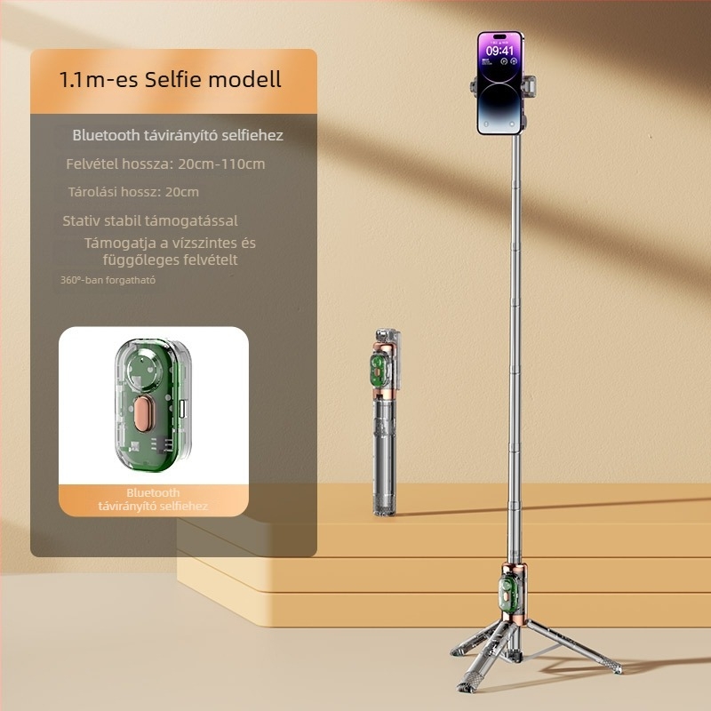 Szelfi stabilizátor anti-shake, Bluetooth, LED világítás, távirányító
