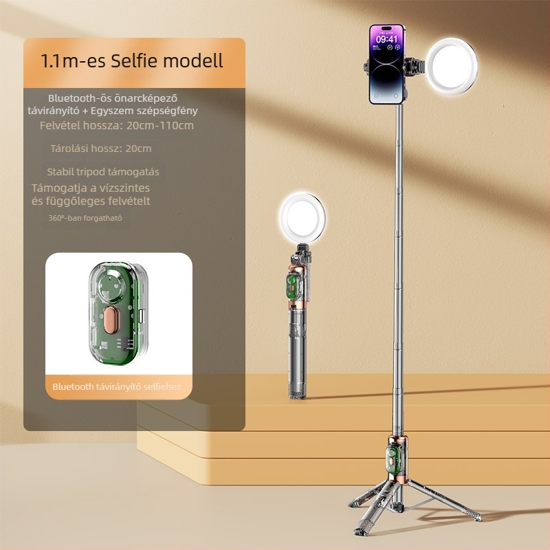 Szelfi stabilizátor anti-shake, Bluetooth, LED világítás, távirányító