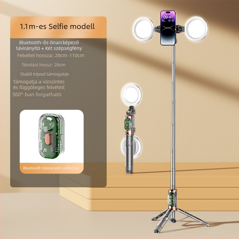 Szelfi stabilizátor anti-shake, Bluetooth, LED világítás, távirányító