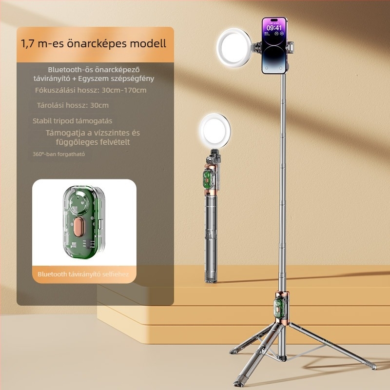 Szelfi stabilizátor anti-shake, Bluetooth, LED világítás, távirányító