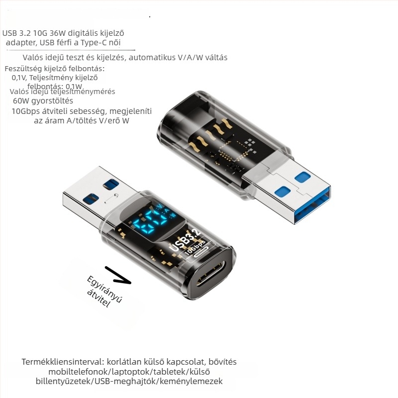 USB digitális kijelző adapter, feszültség, áram és teljesítmény megjelenítésével – Tanigawa Adapter-usb digital display, univerzális OTG-kompatibilis