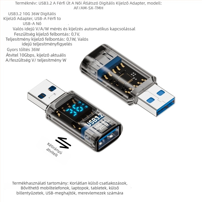 USB digitális kijelző adapter, feszültség, áram és teljesítmény megjelenítésével – Tanigawa Adapter-usb digital display, univerzális OTG-kompatibilis