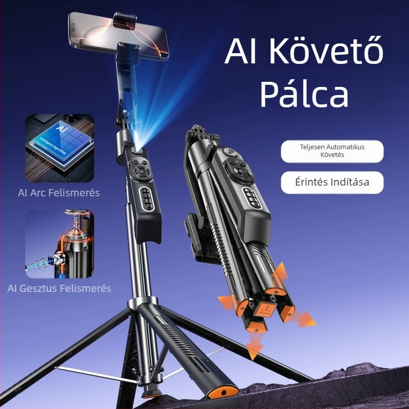 Q575TK Arcfelismerő Követéssel ellátott Selfie Bot, Anti‑rezgéses Stabilizációval, Kinyitható Telefon-tartóval, Távirányítóval és Világítással