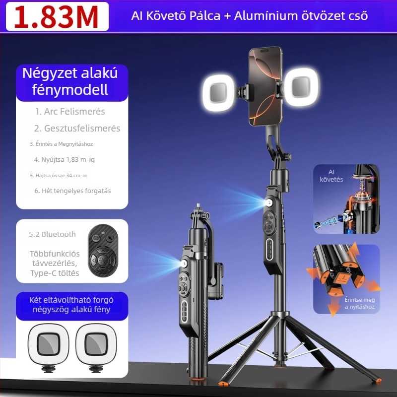 Q575TK Arcfelismerő Követéssel ellátott Selfie Bot, Anti‑rezgéses Stabilizációval, Kinyitható Telefon-tartóval, Távirányítóval és Világítással