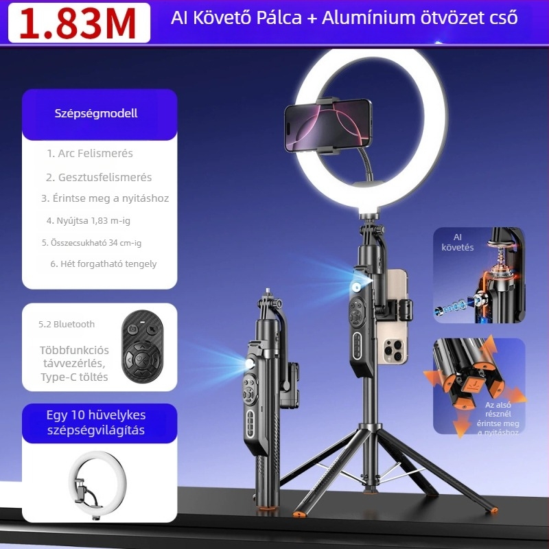 Q575TK Arcfelismerő Követéssel ellátott Selfie Bot, Anti‑rezgéses Stabilizációval, Kinyitható Telefon-tartóval, Távirányítóval és Világítással