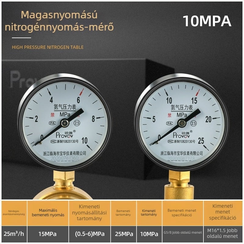 YQD-370 magasnyomású nitrogén szabályozó, teljes réz test, menetes csatlakozás, mérési tartomány 2-4/6