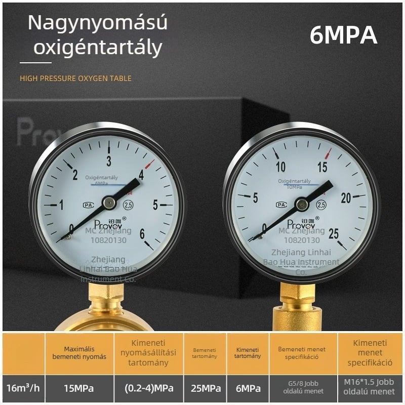 YQD-370 magasnyomású nitrogén szabályozó, teljes réz test, menetes csatlakozás, mérési tartomány 2-4/6