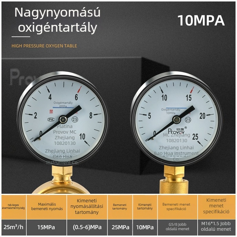 YQD-370 magasnyomású nitrogén szabályozó, teljes réz test, menetes csatlakozás, mérési tartomány 2-4/6