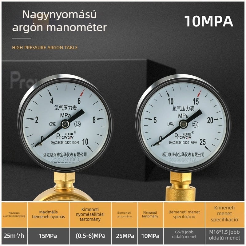 YQD-370 magasnyomású nitrogén szabályozó, teljes réz test, menetes csatlakozás, mérési tartomány 2-4/6