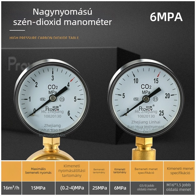 YQD-370 magasnyomású nitrogén szabályozó, teljes réz test, menetes csatlakozás, mérési tartomány 2-4/6