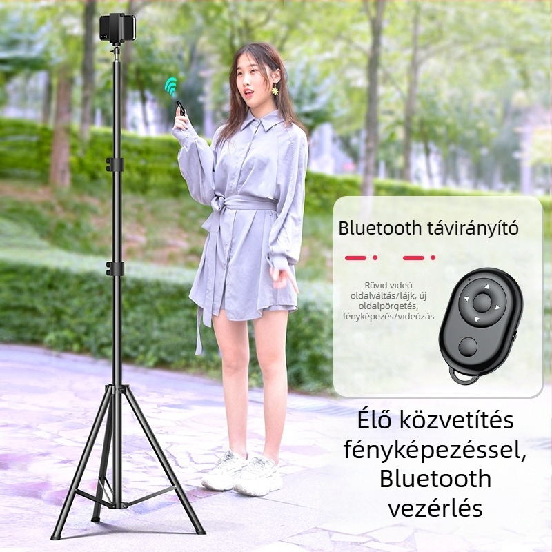 Mobiltelefon élő közvetítésre szolgáló állvány Bluetooth távirányítóval, ötvözet test, univerzális kialakítás