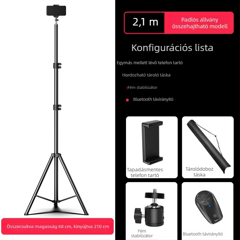 Mobiltelefon élő közvetítésre szolgáló állvány Bluetooth távirányítóval, ötvözet test, univerzális kialakítás