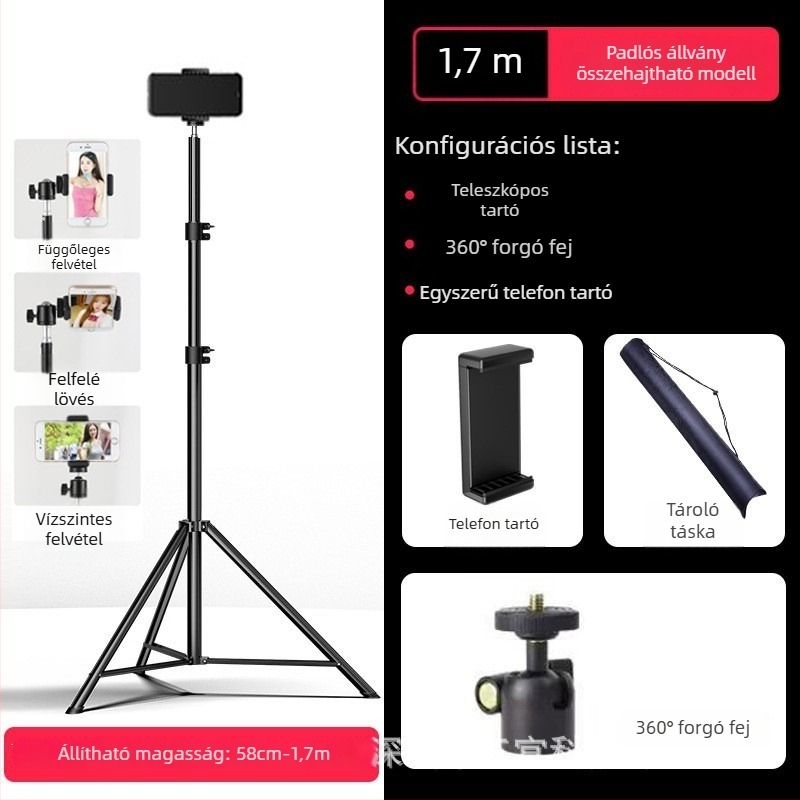 Mobiltelefon élő közvetítésre szolgáló állvány Bluetooth távirányítóval, ötvözet test, univerzális kialakítás