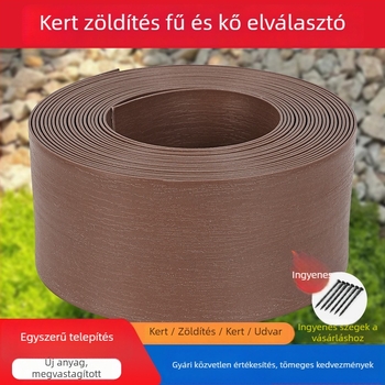 Zöld fa-textúrájú kerti elválasztó, vastított kerítés a kertben, L alakú él gyephez és kőburkolathoz