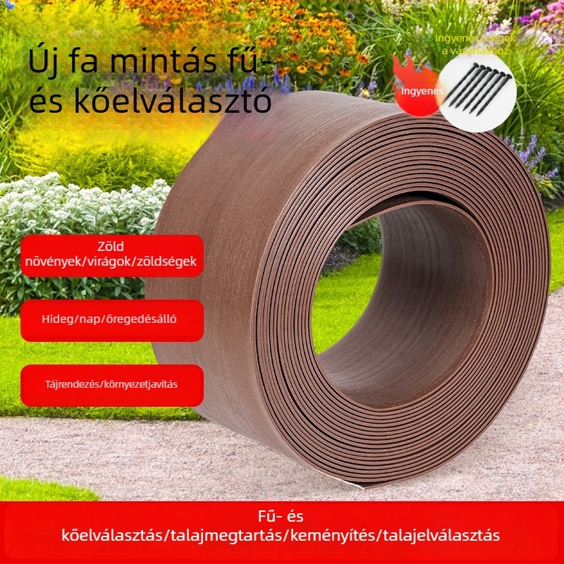 Zöld fa-textúrájú kerti elválasztó, vastított kerítés a kertben, L alakú él gyephez és kőburkolathoz