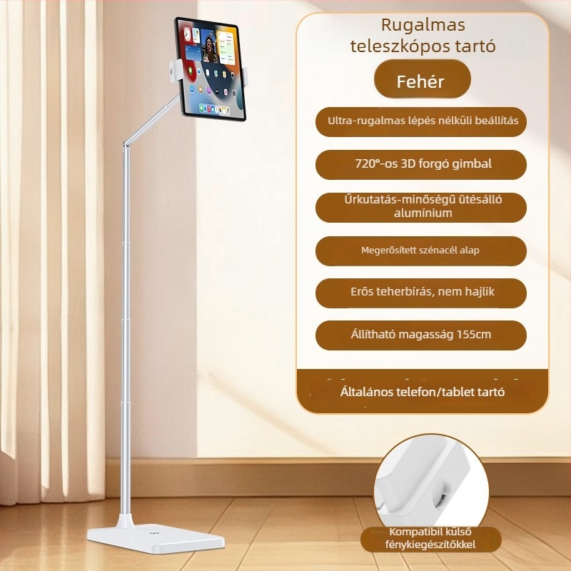 Padlón álló tartó telefonok és tabletekhez, állítható magassággal és karhosszal – univerzális, ötvözet + ABS