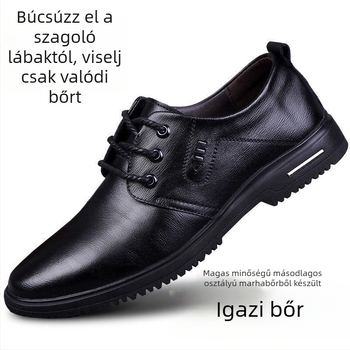 Férfi bőrcipő mindennapi viseletre, lélegző felsőrész, gumitalp, belső magasság növelés, vulkanizált konstrukció