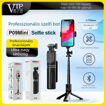 P09 Mini Telefonállvány alumíniumötvözet + rozsdamentes acélból, beépített világítással és Bluetooth Selfie Stick-kel – Hordozható élő közvetítéshez