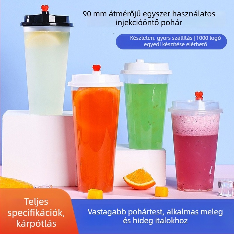 Egyszer használatos műanyag tej-tea pohár fedővel, PP anyag, 360–700 ml kapacitás, ovális forma, testreszabható nyomtatás