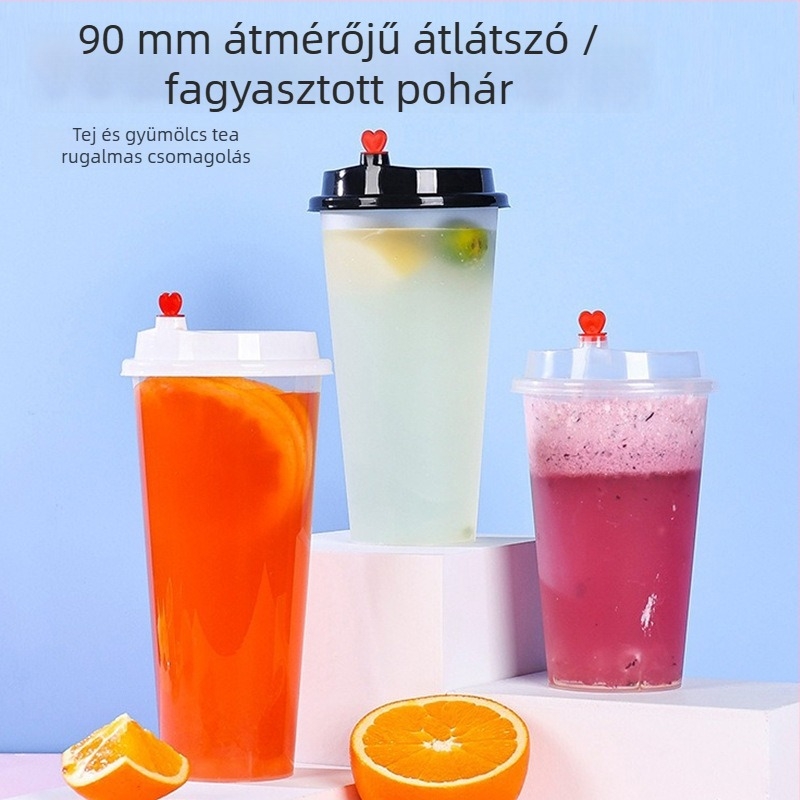 Egyszer használatos műanyag tej-tea pohár fedővel, PP anyag, 360–700 ml kapacitás, ovális forma, testreszabható nyomtatás