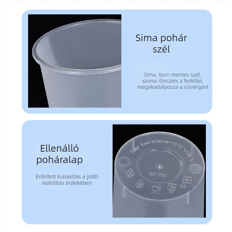Egyszer használatos műanyag tej-tea pohár fedővel, PP anyag, 360–700 ml kapacitás, ovális forma, testreszabható nyomtatás