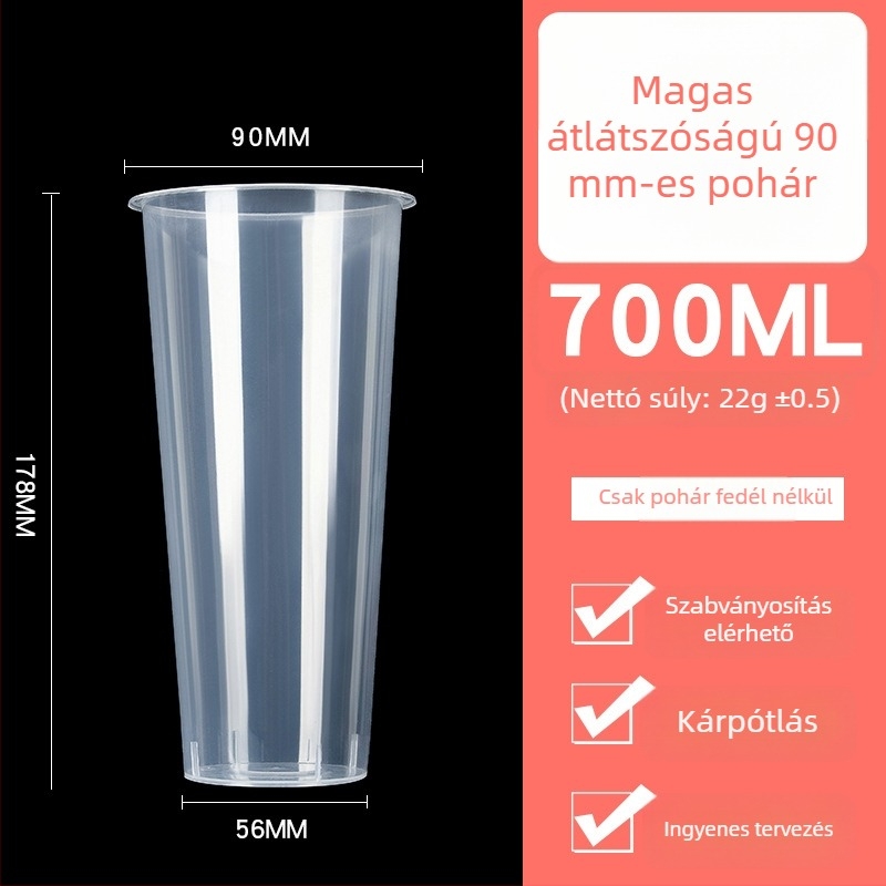 Egyszer használatos műanyag tej-tea pohár fedővel, PP anyag, 360–700 ml kapacitás, ovális forma, testreszabható nyomtatás