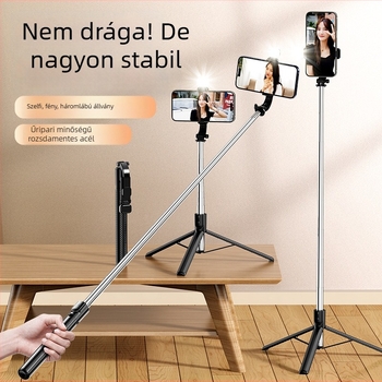 Selfie bot integrált esernyő-tripoddal és világítással, Bluetooth távirányítóval (10 m), anti-remegés
