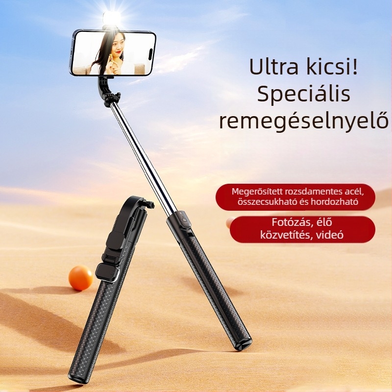Selfie bot integrált esernyő-tripoddal és világítással, Bluetooth távirányítóval (10 m), anti-remegés