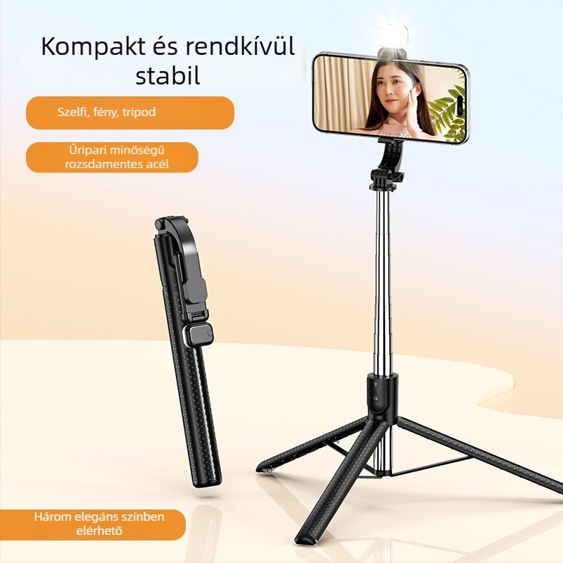 Selfie bot integrált esernyő-tripoddal és világítással, Bluetooth távirányítóval (10 m), anti-remegés