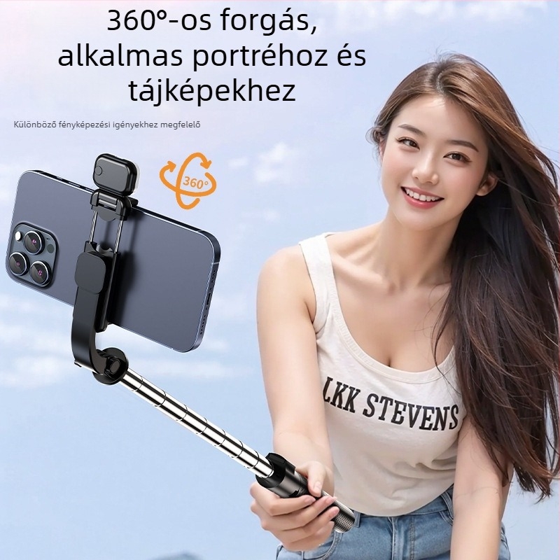 Selfie bot integrált esernyő-tripoddal és világítással, Bluetooth távirányítóval (10 m), anti-remegés