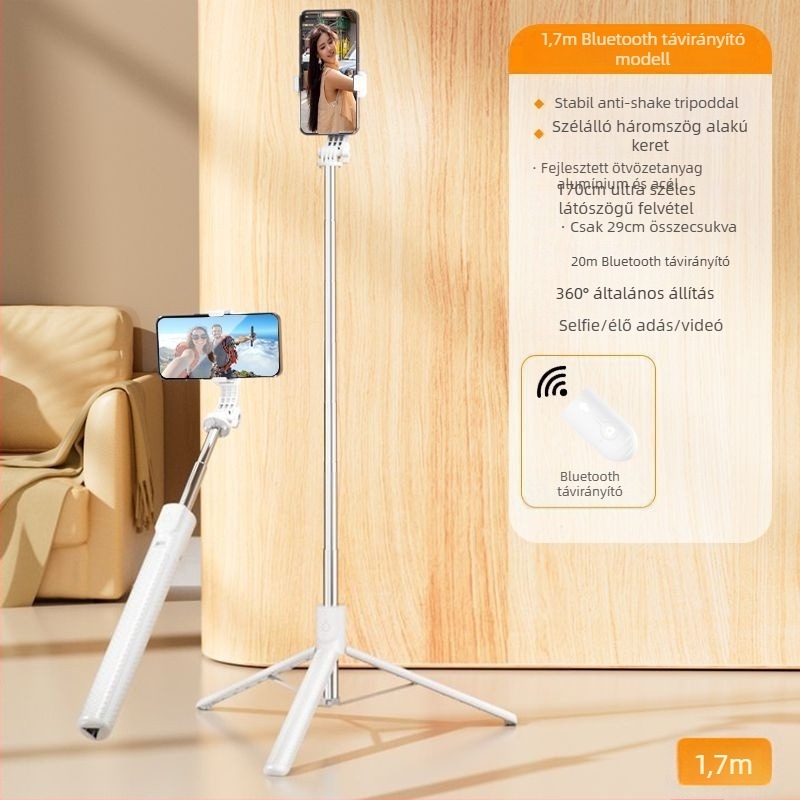 Selfie bot integrált esernyő-tripoddal és világítással, Bluetooth távirányítóval (10 m), anti-remegés