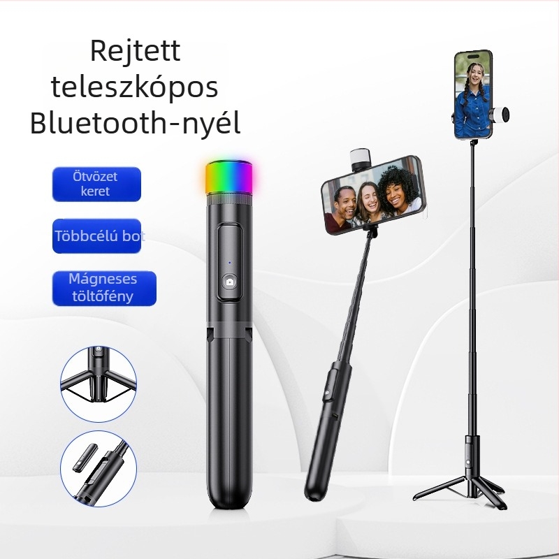 Buffy Bluetooth Szelfi Bot Antivibrációval, Világító Fénnyel és Alumínium Tripod Telefonhoz