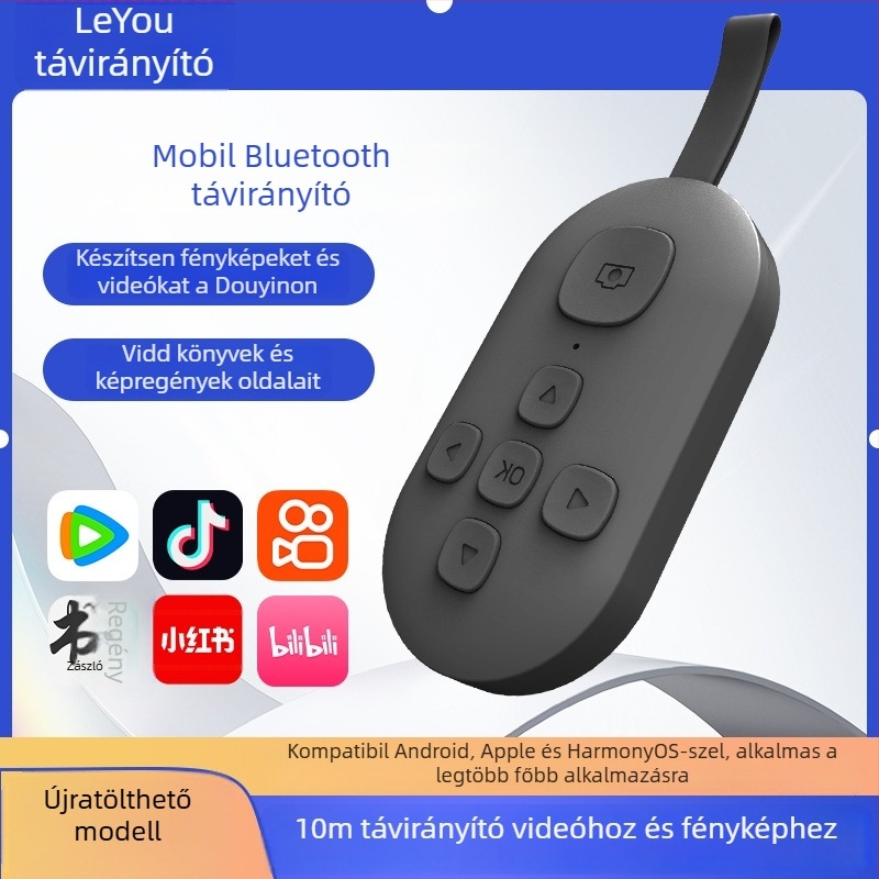 Bluetooth távirányító oldalpörgető és egy gombnyomásos selfie funkcióval — DY08, 200mAh, USB-C, 15 m hatótávolság, matt ABS, Android/iOS kompatibilis