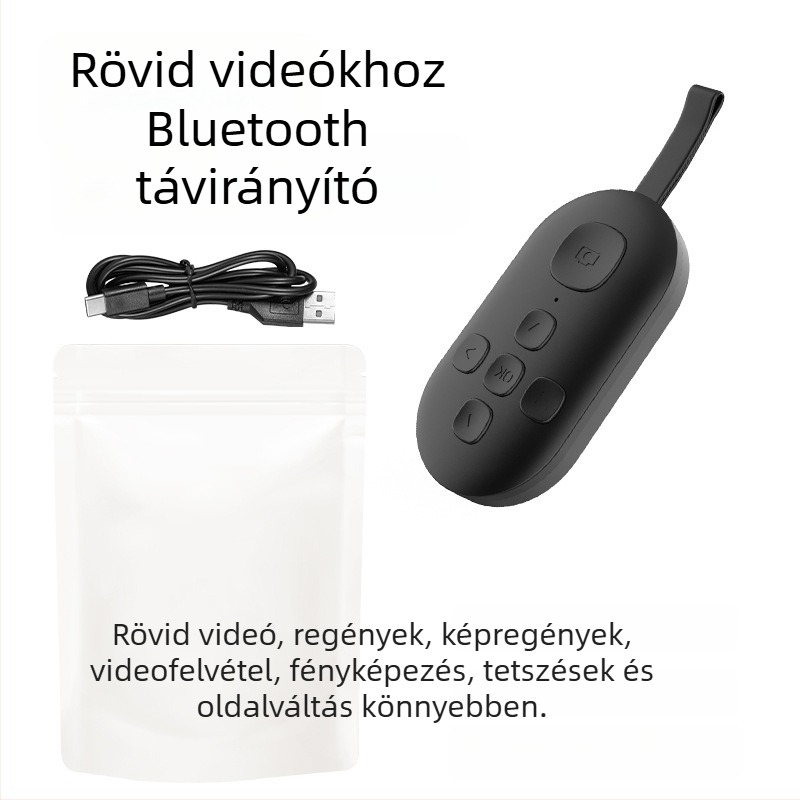 Bluetooth távirányító oldalpörgető és egy gombnyomásos selfie funkcióval — DY08, 200mAh, USB-C, 15 m hatótávolság, matt ABS, Android/iOS kompatibilis